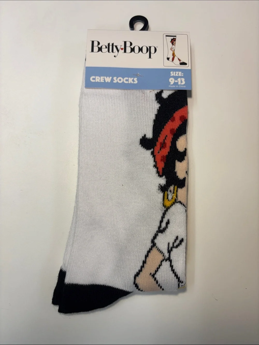 Betty Boop White Crew Socks with Black Toe and Red Hair Accent
